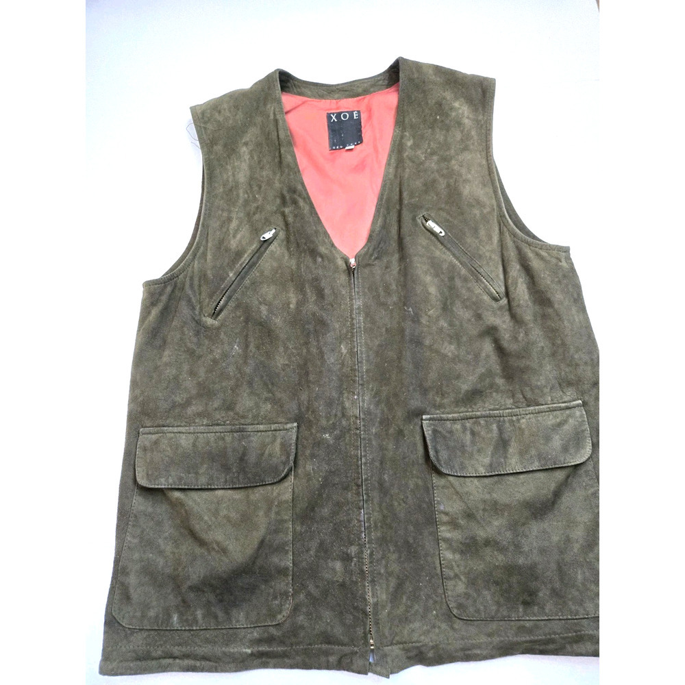 XOE‎ New York Suede Leather Vest Vintage Green Vest Jacket Pockets Size Large